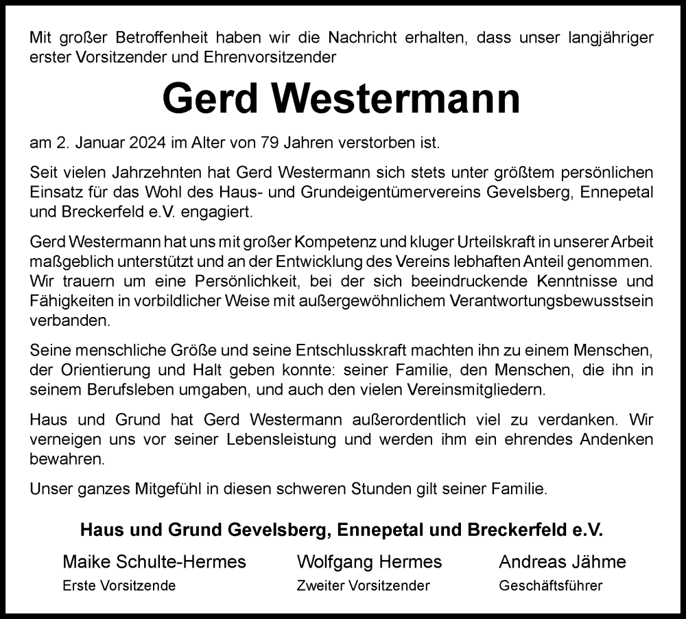 Traueranzeigen Von Gerd Westermann Trauer In NRW De