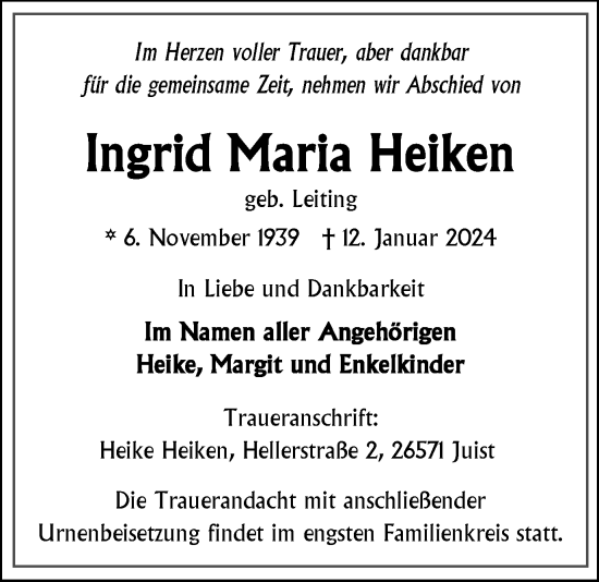 Traueranzeigen Von Ingrid Maria Heiken Trauer In Nrw De