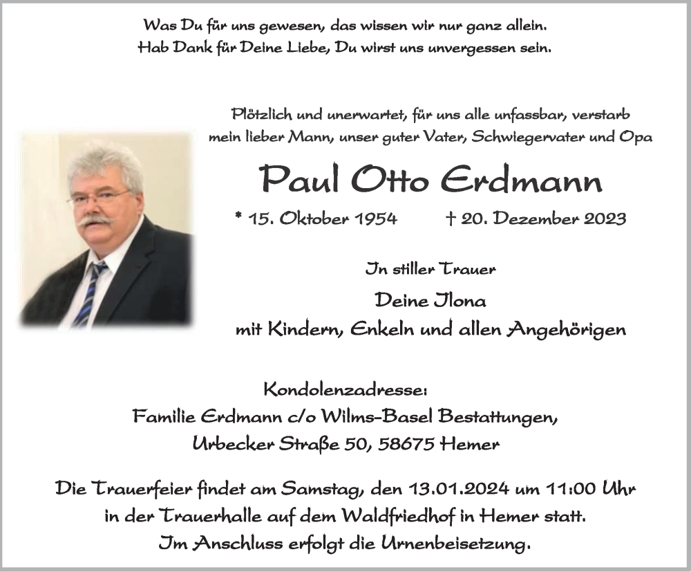 Traueranzeigen Von Paul Otto Erdmann Trauer In Nrw De