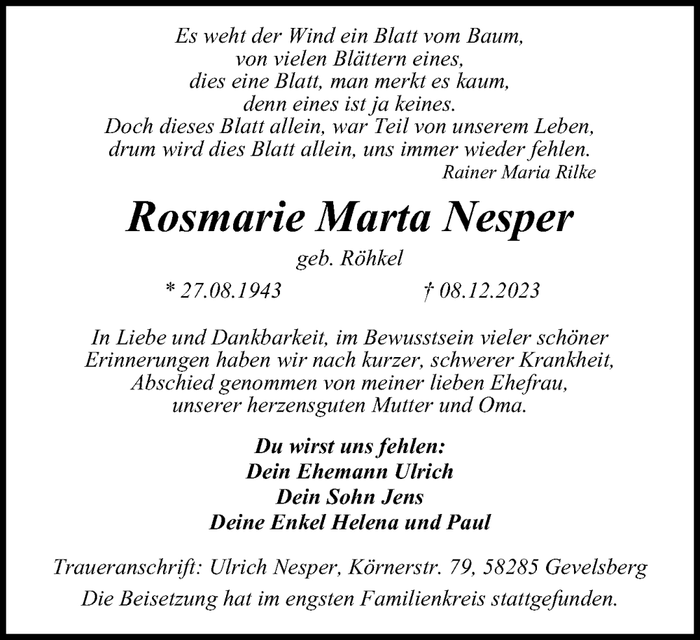 Traueranzeigen Von Rosmarie Marta Nesper Trauer In Nrw De