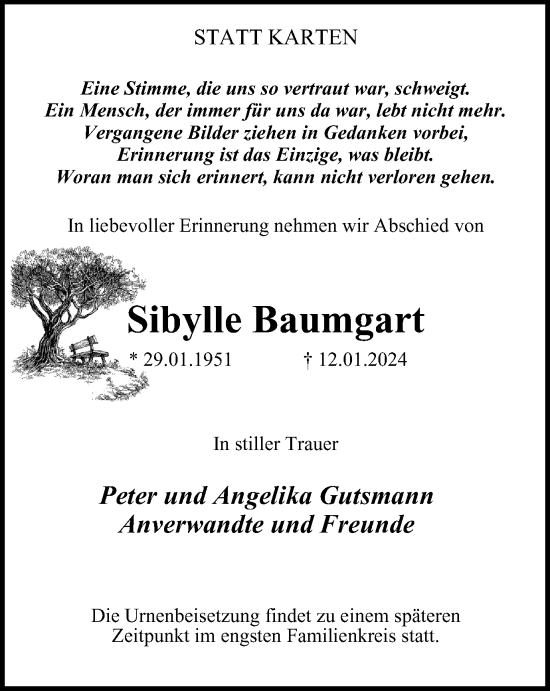 Traueranzeigen Von Sibylle Baumgart Trauer In Nrw De