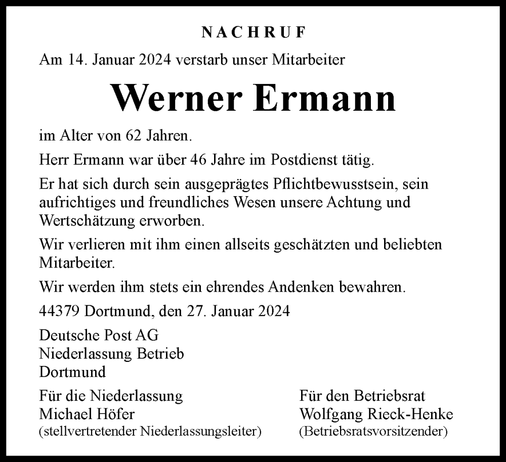 Traueranzeigen Von Werner Ermann Trauer In NRW De