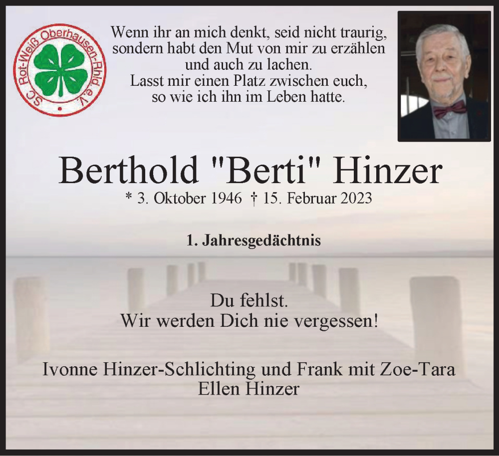 Traueranzeigen Von Berthold Hinzer Trauer In NRW De