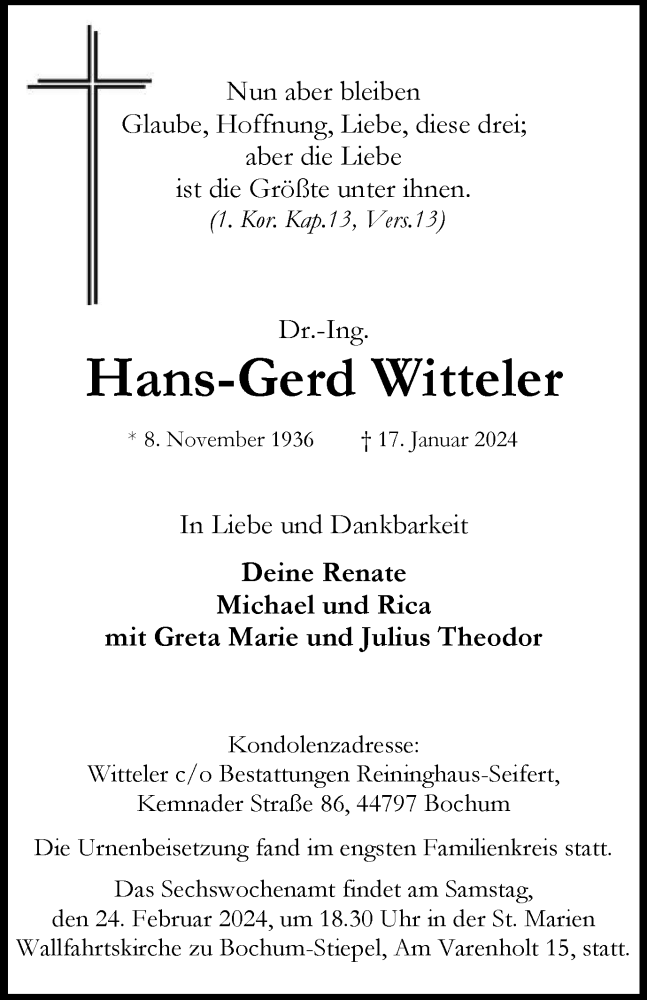 Traueranzeigen Von Hans Gerd Witteler Trauer In Nrw De