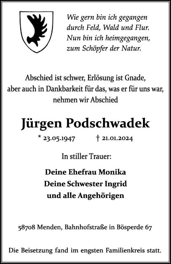 Traueranzeigen von Jürgen Podschwadek Trauer in NRW de