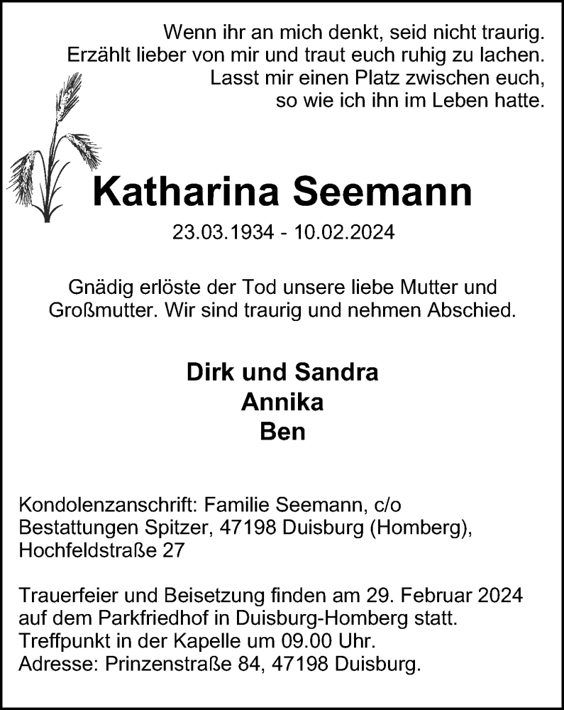 Traueranzeigen Von Katharina Seemann Trauer In Nrw De