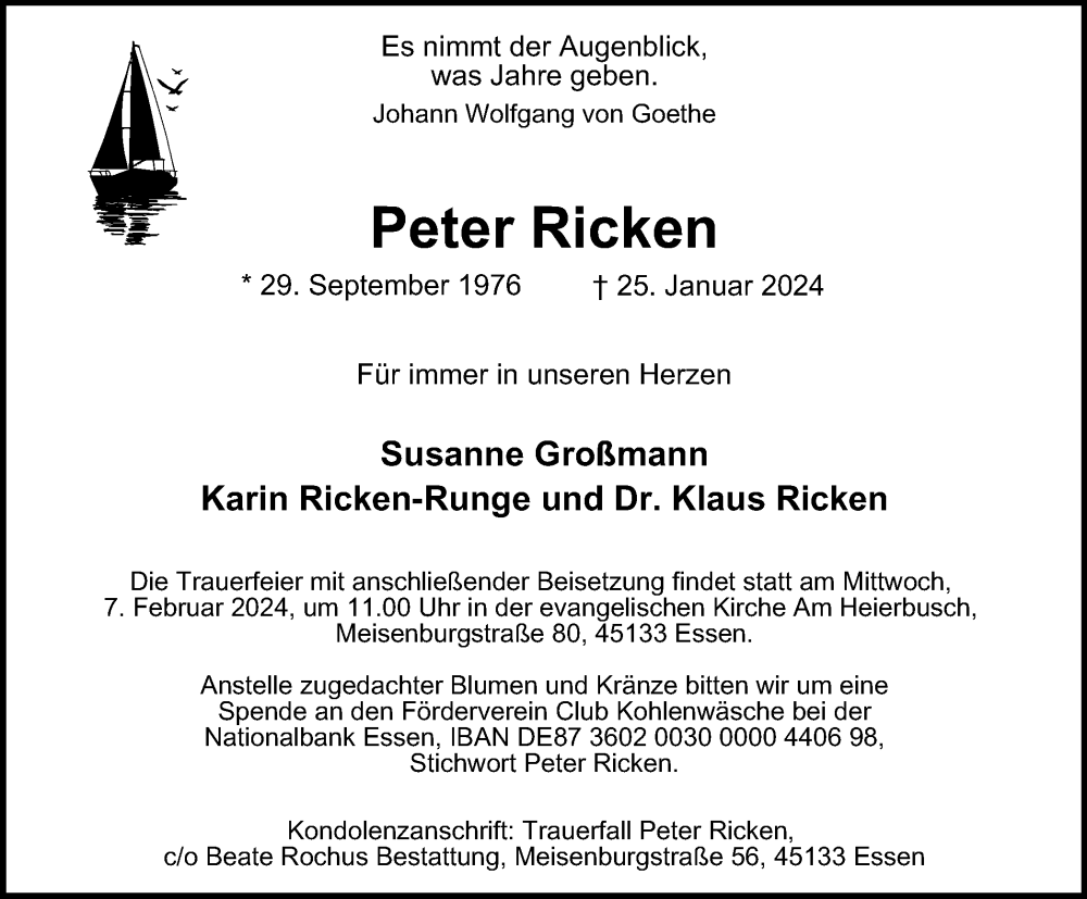 Traueranzeigen Von Peter Ricken Trauer In Nrw De