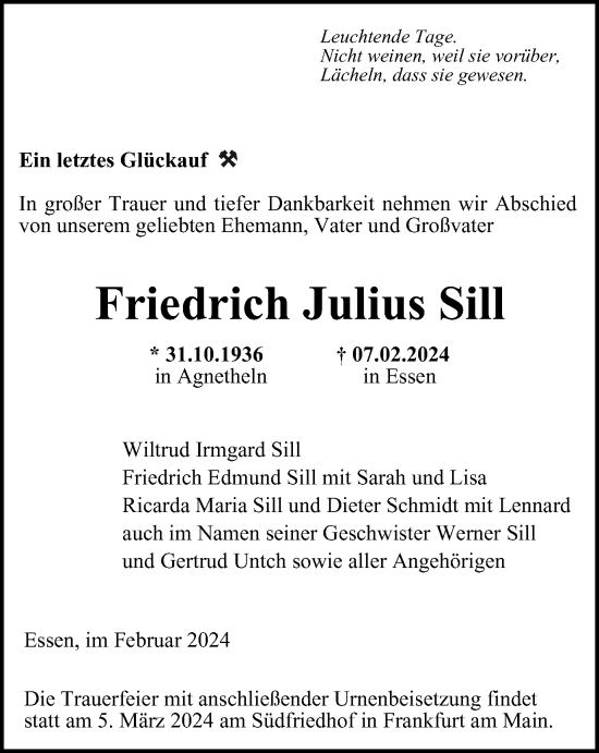 Traueranzeigen Von Friedrich Julius Sill Trauer In Nrw De