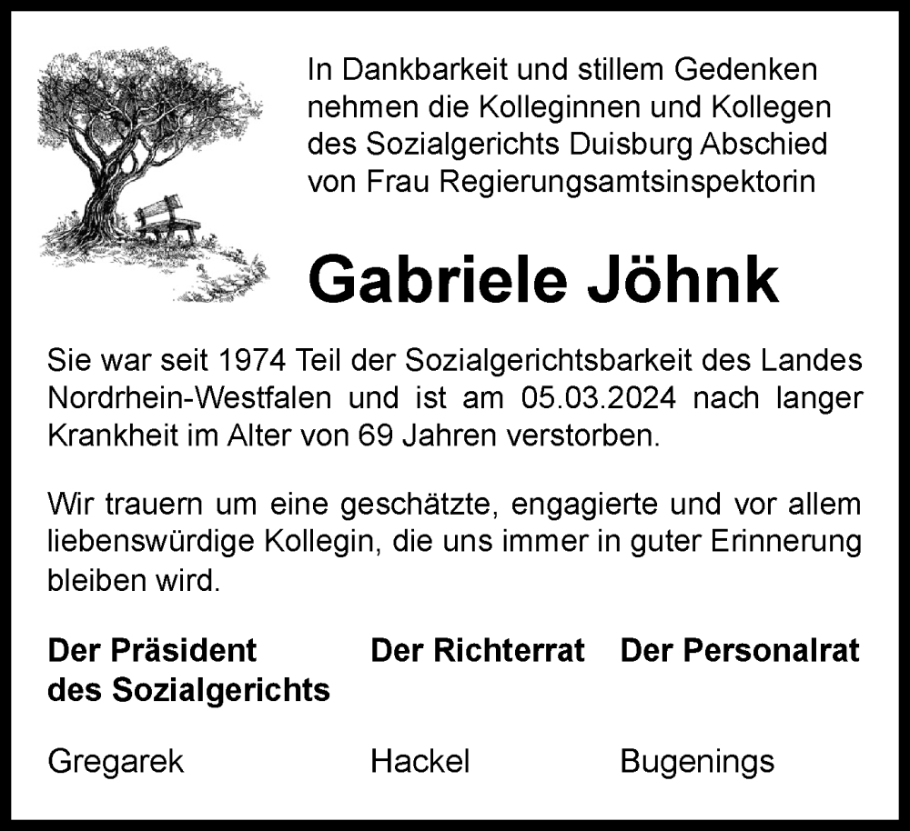 Traueranzeigen Von Gabriele J Hnk Trauer In Nrw De