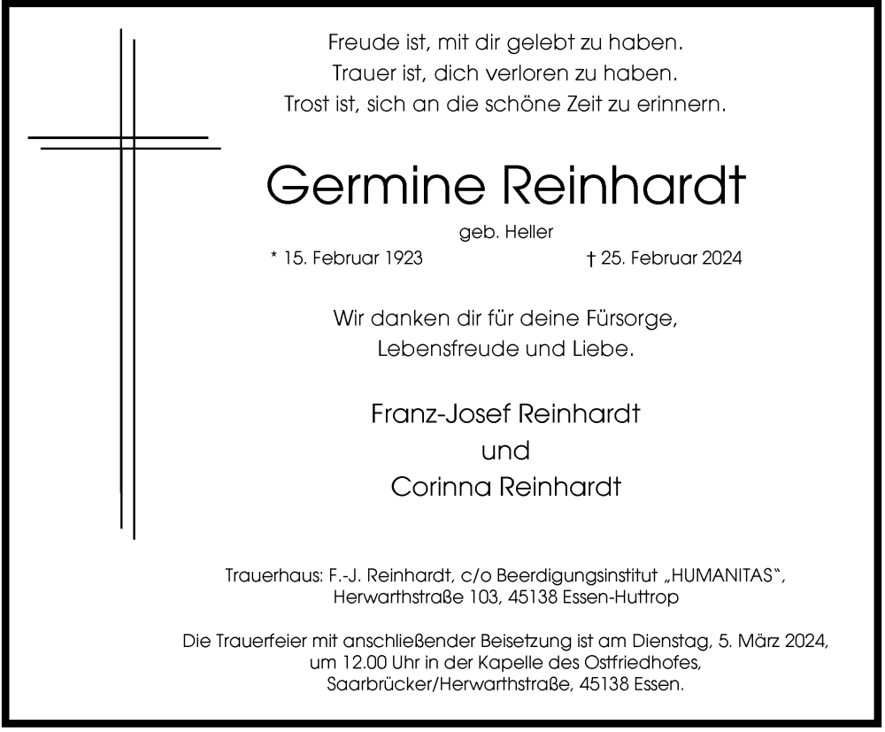 Traueranzeigen Von Germine Reinhardt Trauer In Nrw De