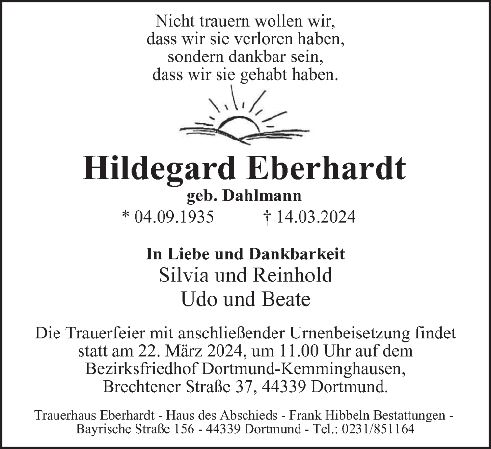 Traueranzeigen Von Hildegard Eberhardt Trauer In Nrw De