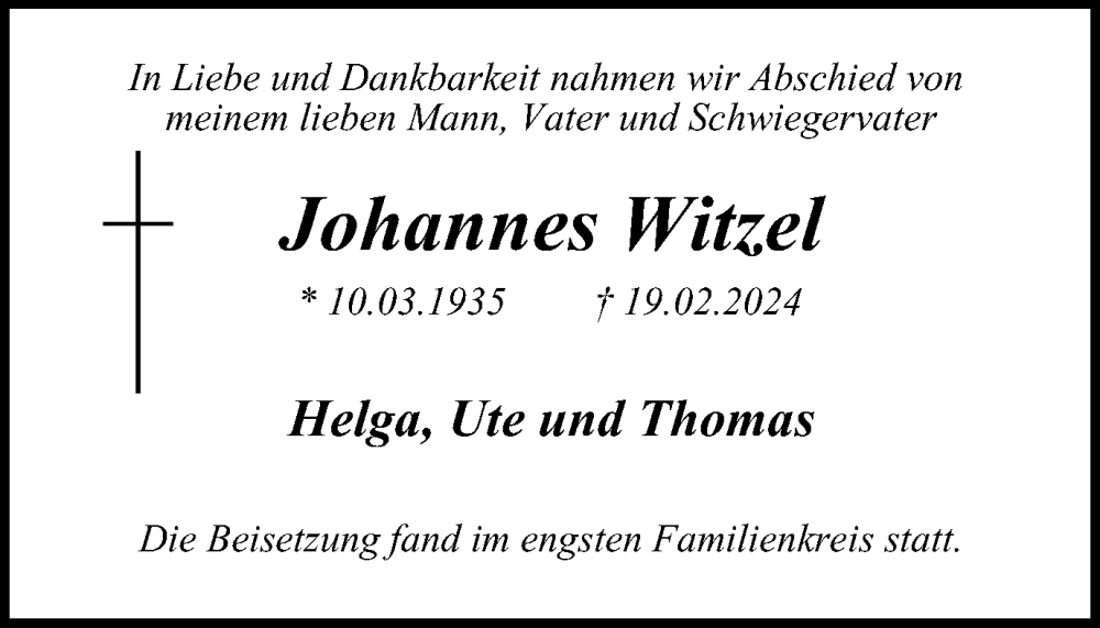 Traueranzeigen Von Johannes Witzel Trauer In Nrw De