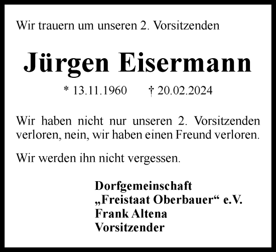 Traueranzeigen von Jürgen Eisermann Trauer in NRW de