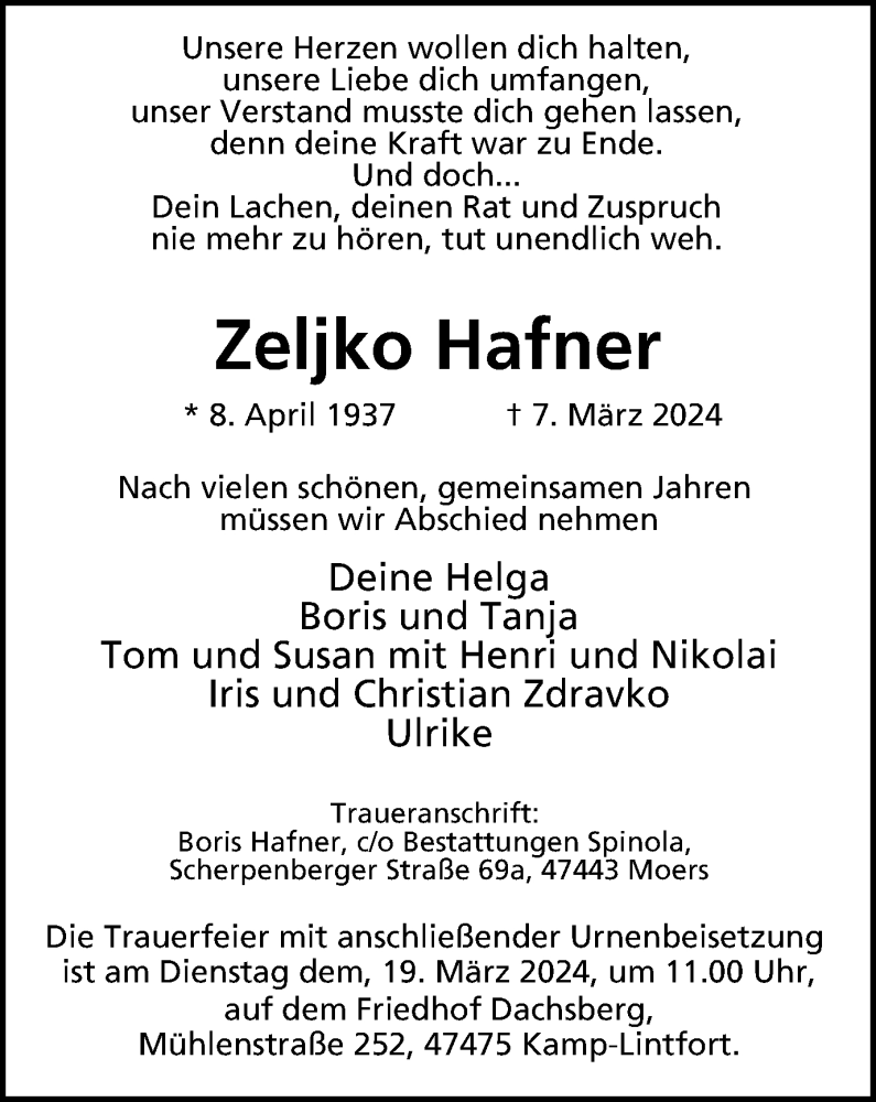 Traueranzeigen Von Zeljko Hafner Trauer In NRW De