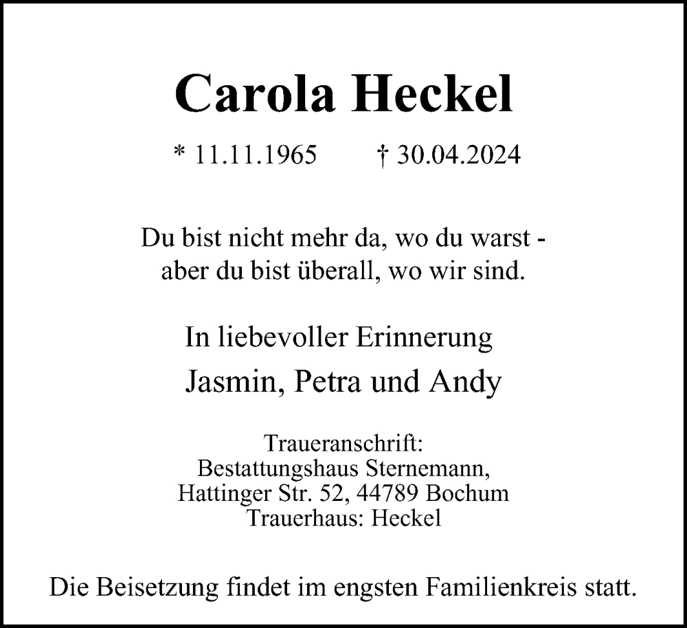 Traueranzeigen Von Carola Heckel Trauer In NRW De