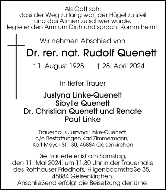 Traueranzeige von Dr. rer. nat. Rudolf Quenett von Tageszeitung