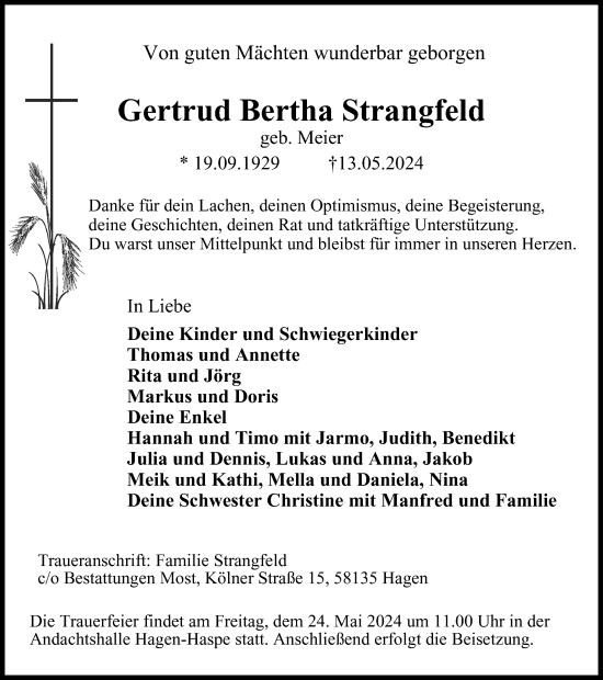 Traueranzeige von Gertrud Bertha Strangfeld von Tageszeitung