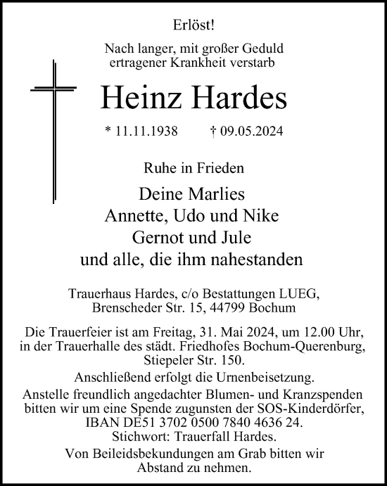 Traueranzeige von Heinz Hardes von Tageszeitung