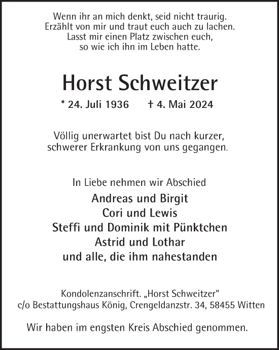 Traueranzeige von Horst Schweitzer von Tageszeitung