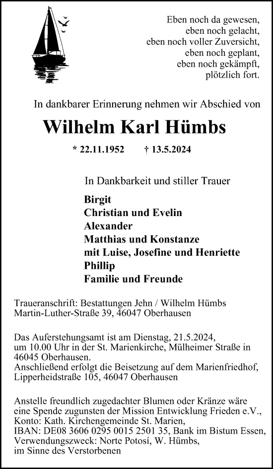 Traueranzeige von Wilhelm Karl Hümbs von Tageszeitung