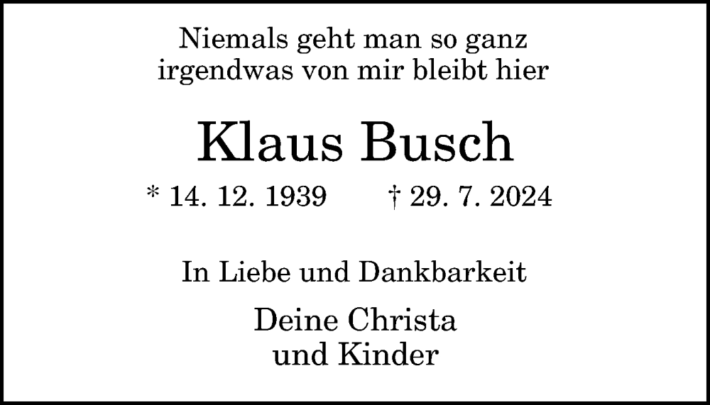 Traueranzeigen Von Klaus Busch Trauer In Nrw De