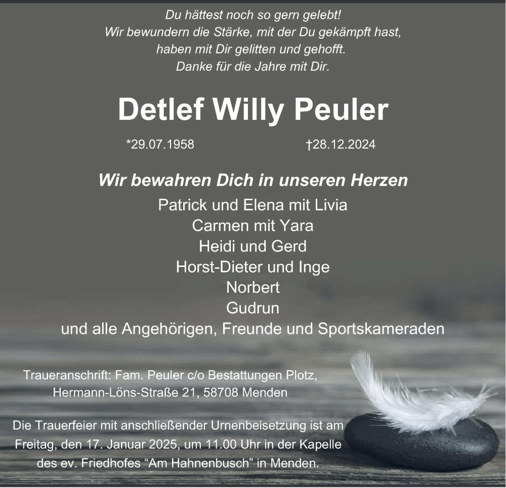 Traueranzeigen Von Detlef Peuler Trauer In NRW De