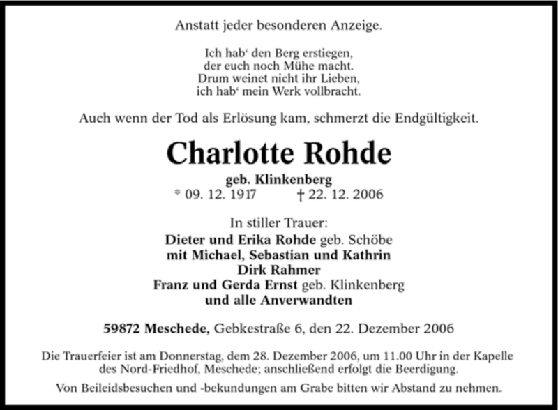 Traueranzeigen Von Charlotte Rohde Trauer In NRW De