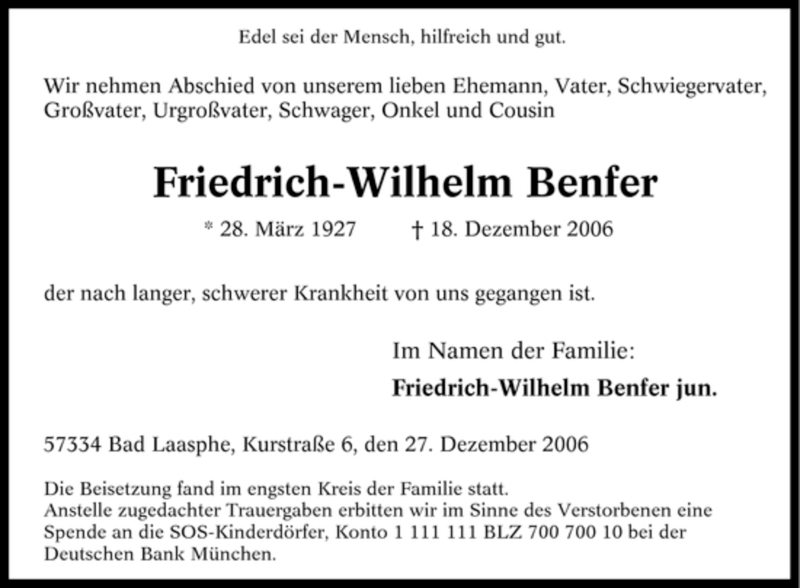 Traueranzeigen Von Friedrich Wilhelm Benfer Trauer In NRW De