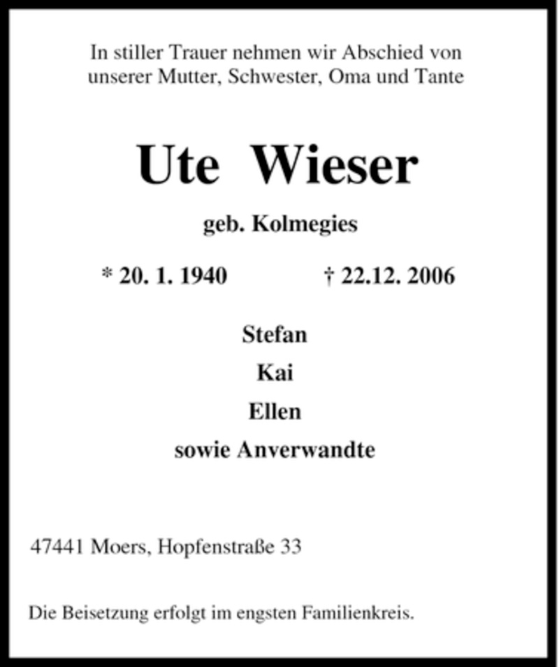 Traueranzeigen Von Ute Wieser Trauer In Nrw De