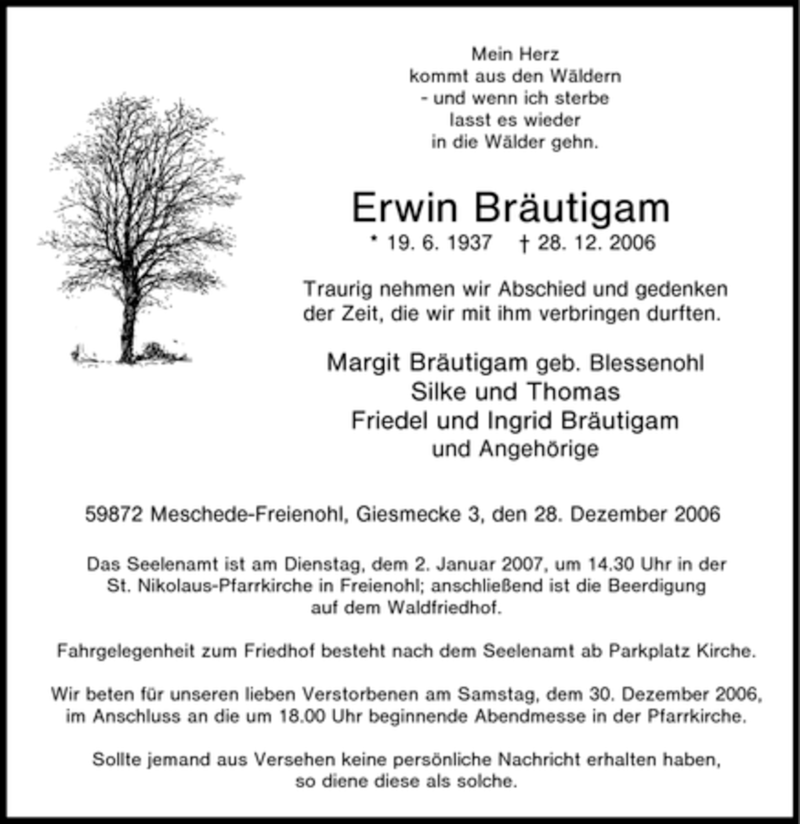 Traueranzeigen von Erwin Bräutigam Trauer in NRW de