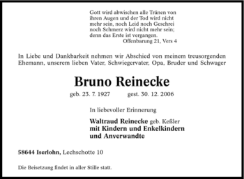 Traueranzeigen Von Bruno Reinecke Trauer In NRW De