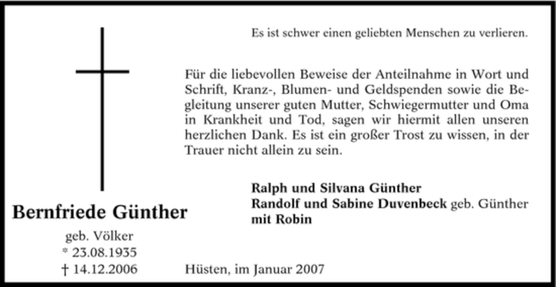 Traueranzeigen Von Bernfriede G Nther Trauer In Nrw De