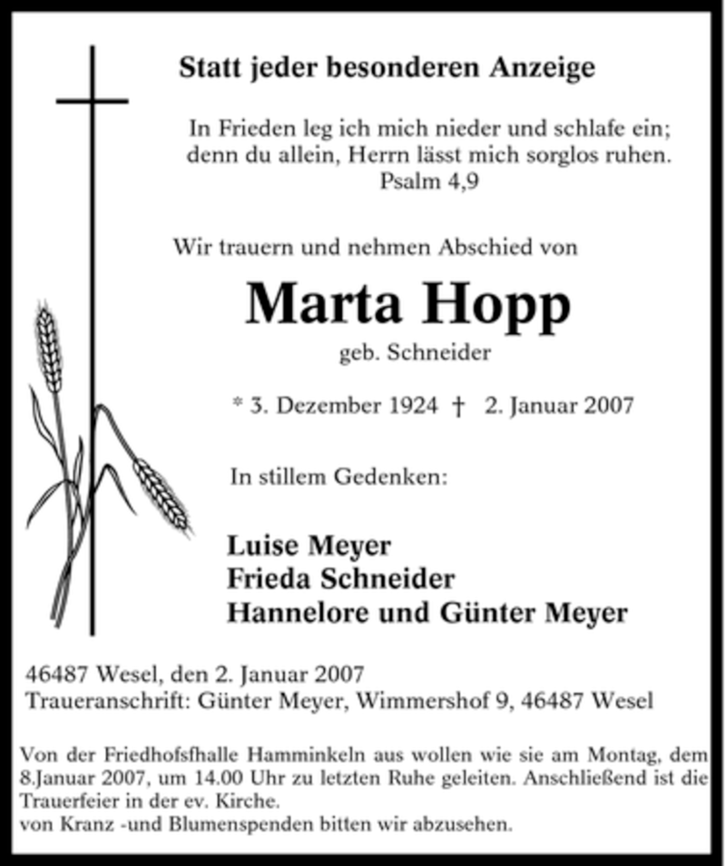 Traueranzeigen Von Marta Hopp Trauer In Nrw De