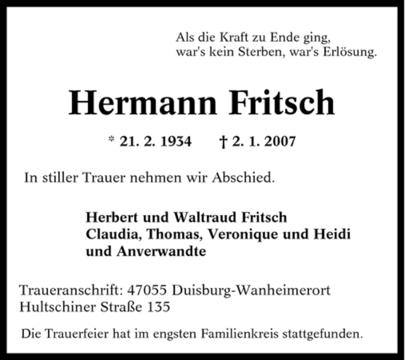 Traueranzeigen Von Hermann Fritsch Trauer In NRW De