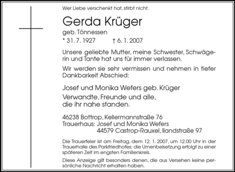 Traueranzeigen von Gerda Krüger Trauer in NRW de