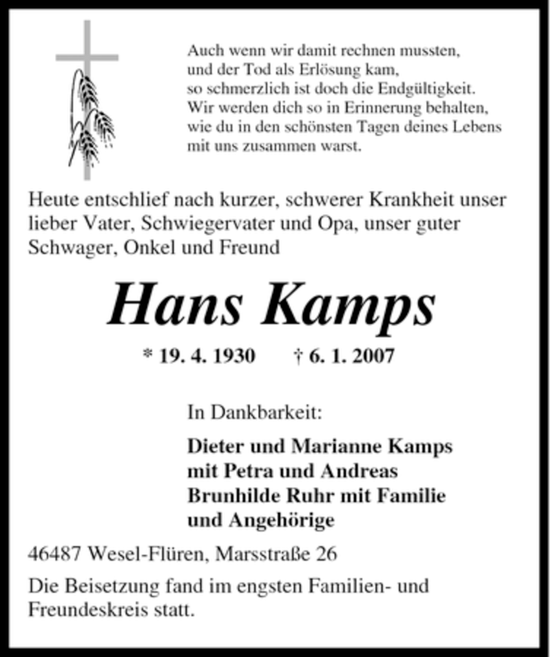 Traueranzeigen Von Hans Kamps Trauer In Nrw De