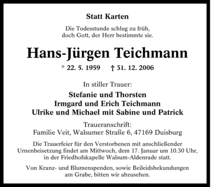 Traueranzeigen von Hans Jürgen Teichmann Trauer in NRW de