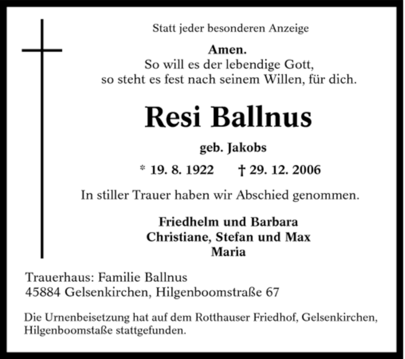 Traueranzeigen Von Resi Ballnus Trauer In Nrw De