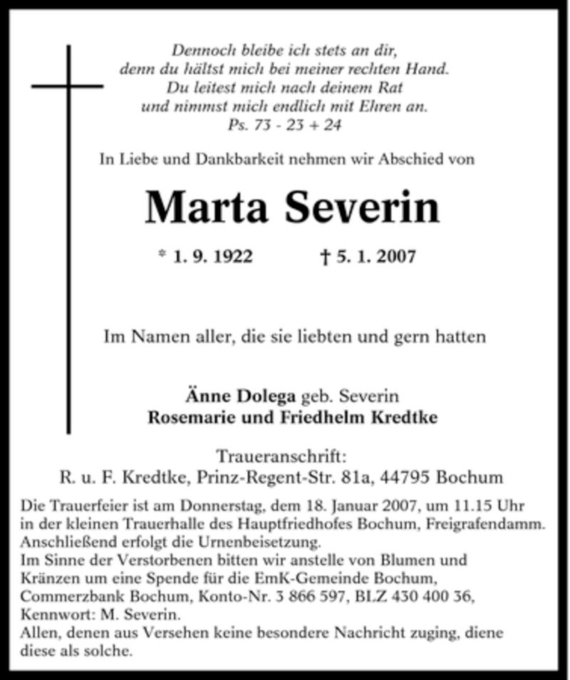 Traueranzeigen Von Marta Severin Trauer In Nrw De