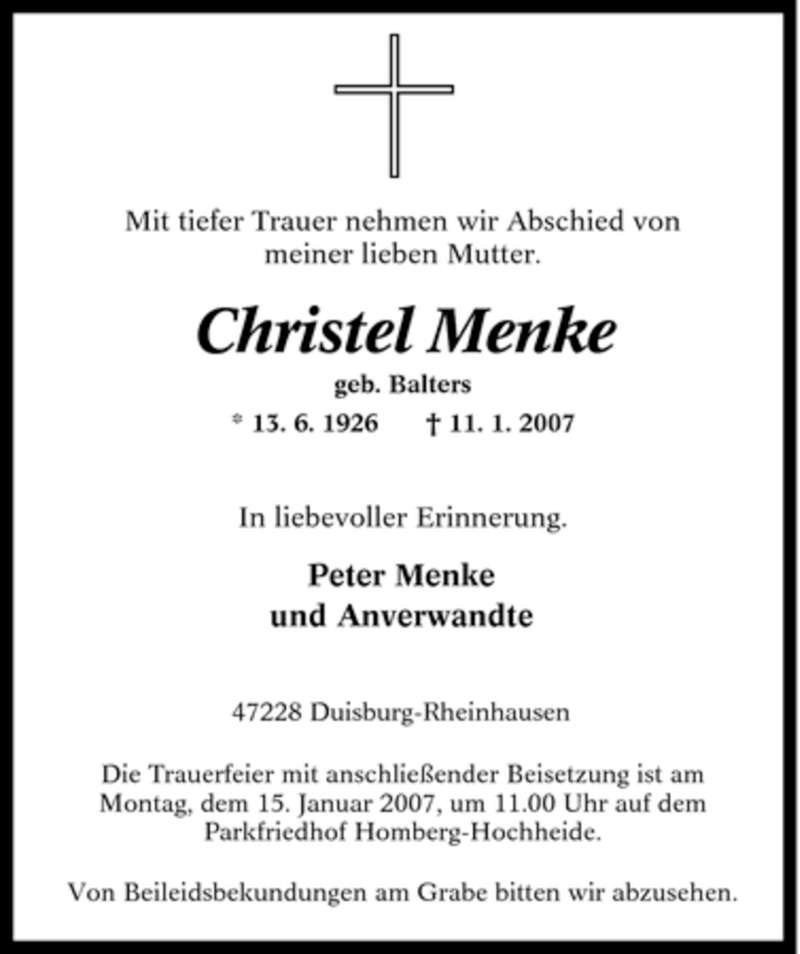 Traueranzeigen Von Christel Menke Trauer In NRW De