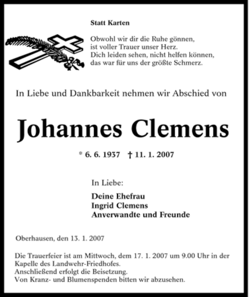 Traueranzeigen Von Johannes Clemens Trauer In Nrw De