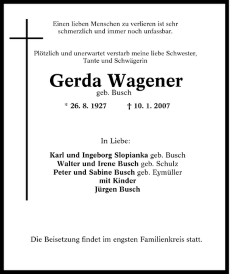 Traueranzeigen Von Gerda Wagener Trauer In NRW De