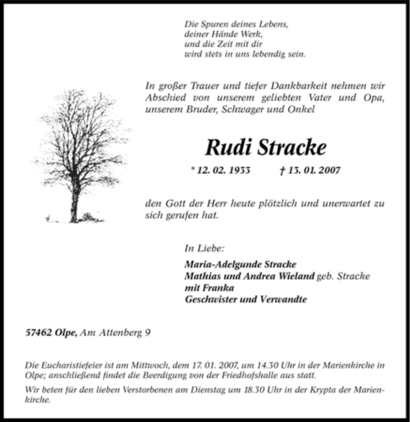 Traueranzeigen Von Rudi Stracke Trauer In NRW De