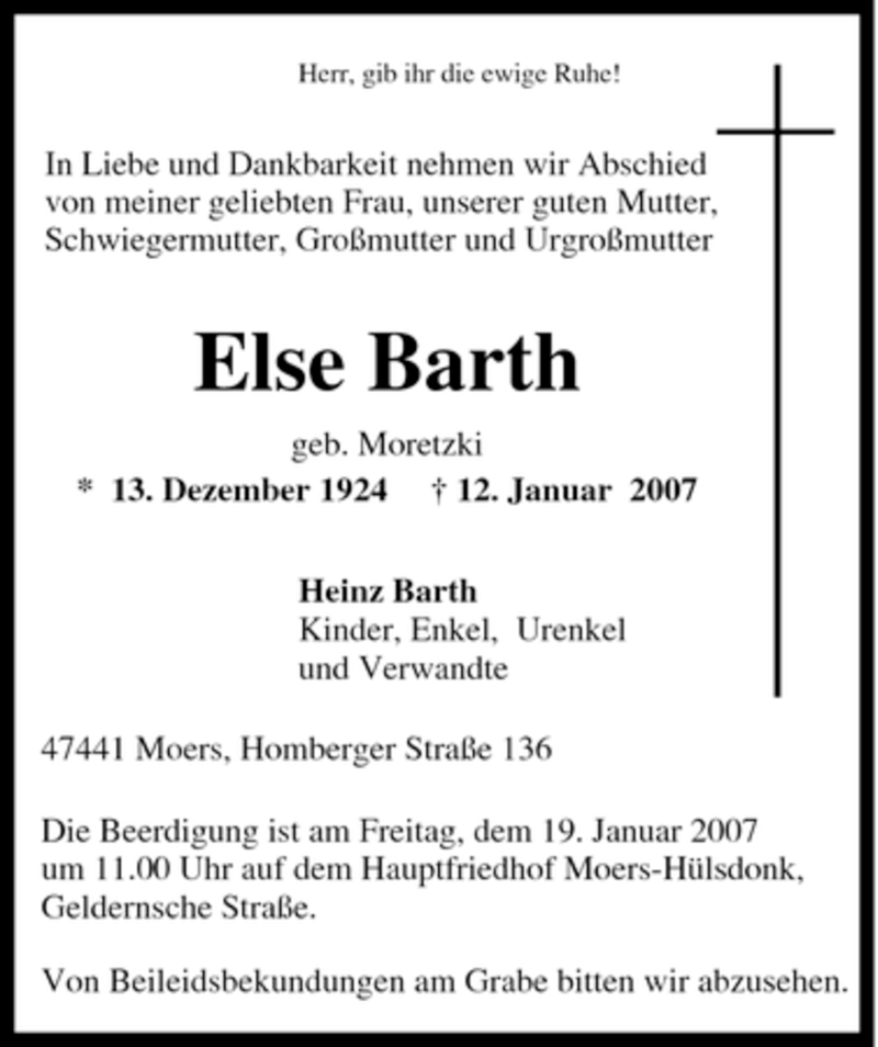 Traueranzeigen Von Else Barth Trauer In Nrw De