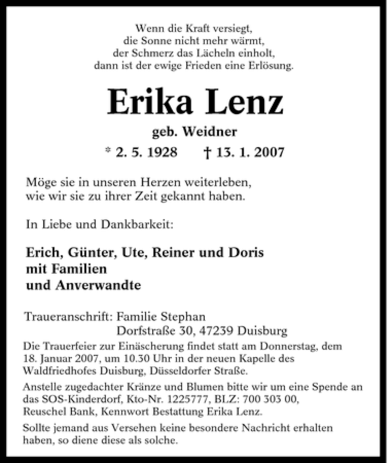 Traueranzeigen Von Erika Lenz Trauer In Nrw De