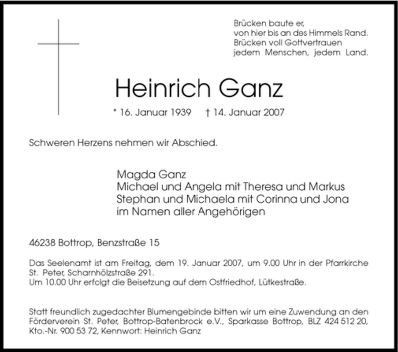 Traueranzeigen Von Heinrich Ganz Trauer In Nrw De