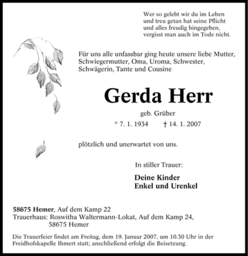 Traueranzeigen Von Gerda Herr Trauer In Nrw De