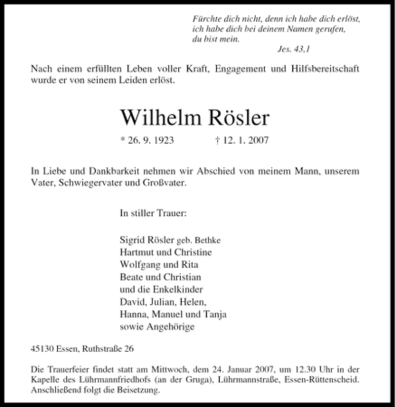 Traueranzeigen von Wilhelm Rösler Trauer in NRW de