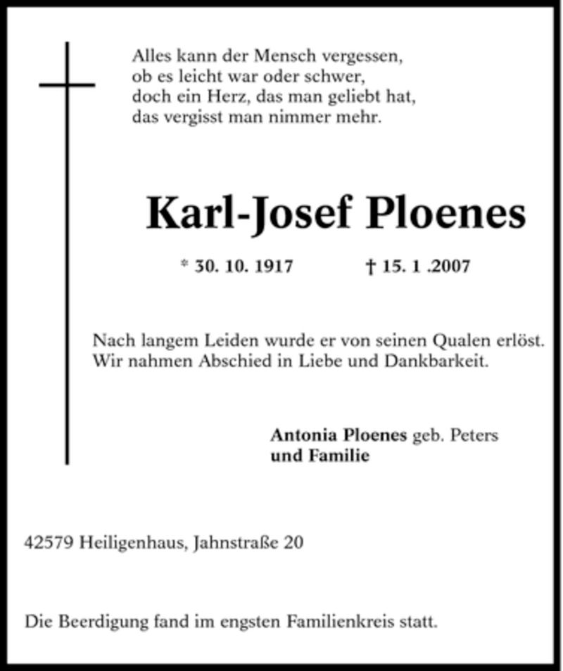 Traueranzeigen Von Karl Josef Ploenes Trauer In NRW De