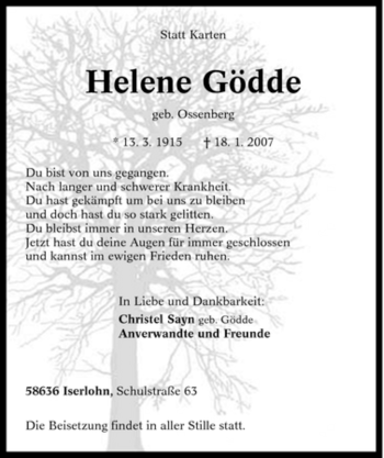 Traueranzeigen von Helene Gödde Trauer in NRW de